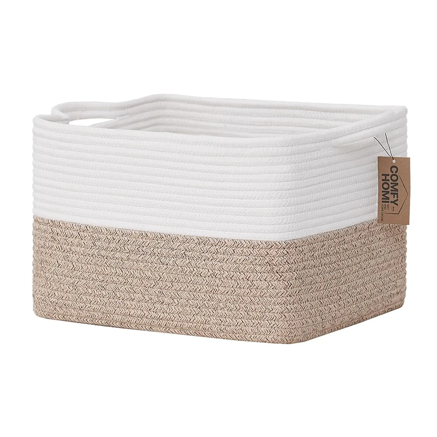 Cotton Rope Woven Basket with Handles for Shelves, Toys, Book, Cloth Storage Baskets for Organizing-13.5" x 11" x 9.5" Toy Decorative Organizer for Living Room, Bathroom （White/Brown）