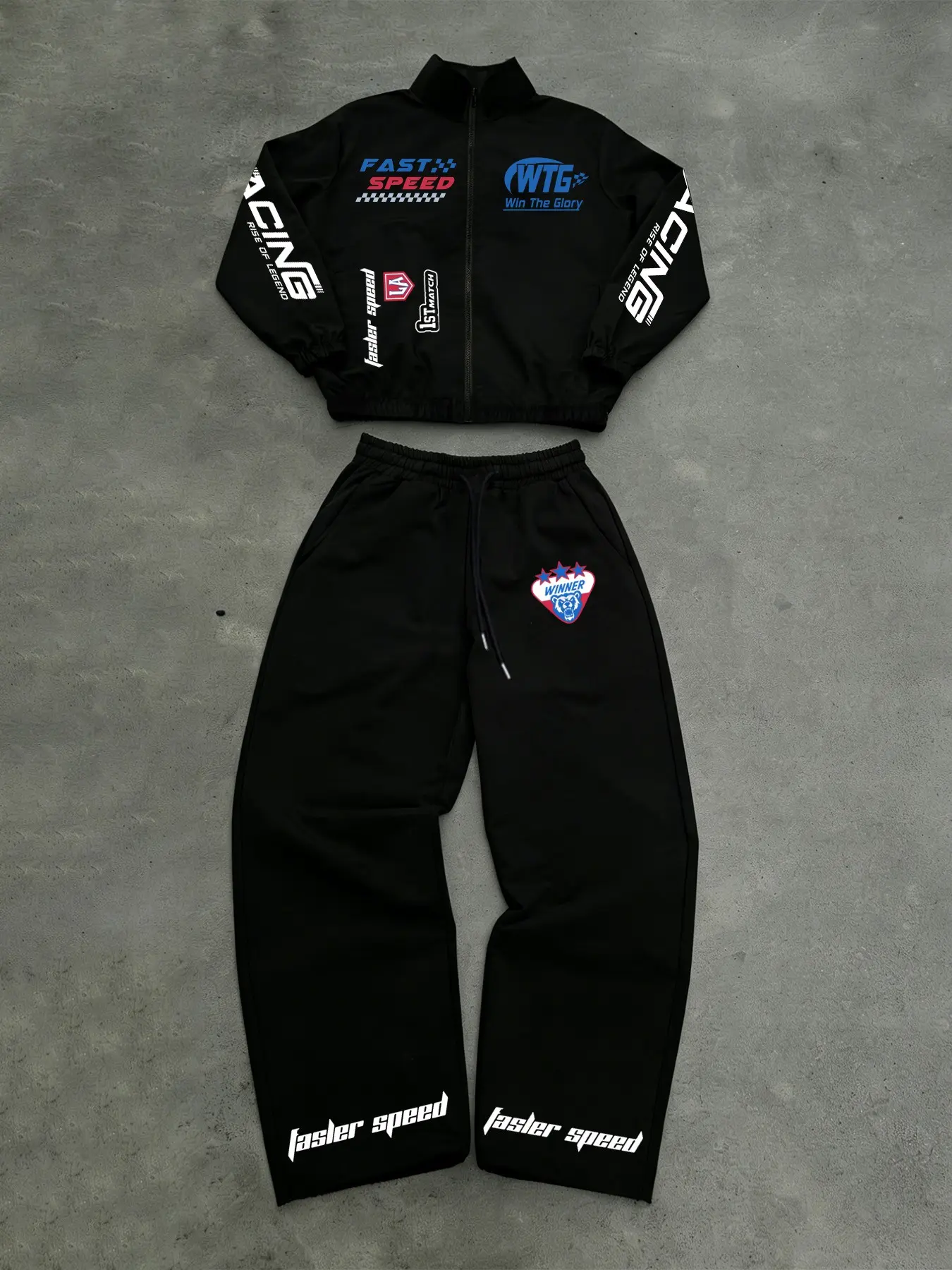Men's 2‑Piece Tracksuit, Racing‑Inspired Graphic Zip‑Up Jacket & Elastic Drawstring Long Pants, Techwear Street Style, For Gym, Running, Racing Events, Daily Leisure