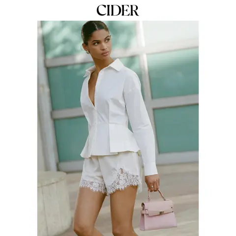 Cider Satin Mid Rise Solid Elastic Waist Floral Lace Shorts