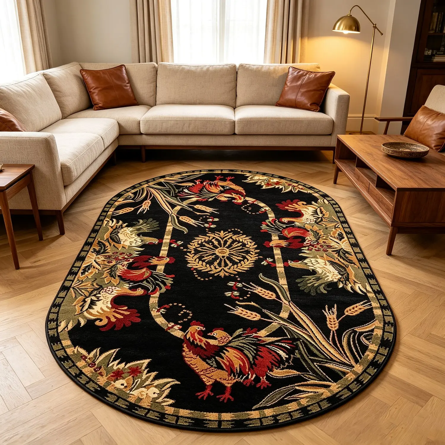 American Vintage Farm Rooster Oval Living Room Rug, Rustic Country Style Bedroom Bedside Carpet, Non-Slip Sofa Table Mat for Home Decor
