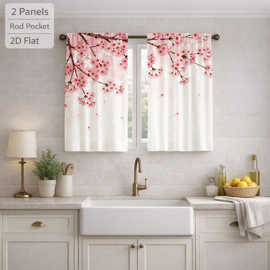 2Pcs Japanese Style Cherry Blossom Pink Floral Sun Blocking Curtains Digital Printed Rod Pocket, Window Treatment For Bedroom Office Kitchen Living Room Study Home Decor