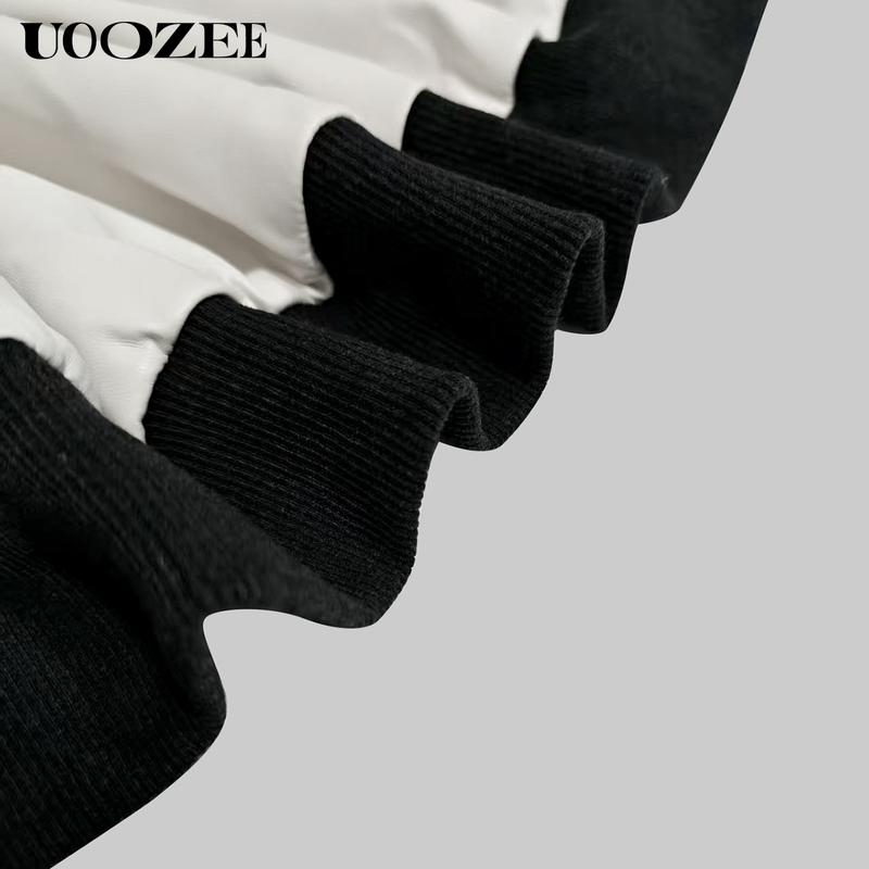 UOOZEE Women's New Fashion Autumn Winter Casual Fit Contrast Color PU Leather with Pockets Stand Collar Y2K Jackets, Puff Sleeves Patchwork Zipper Cropped Short Outerwears Coats