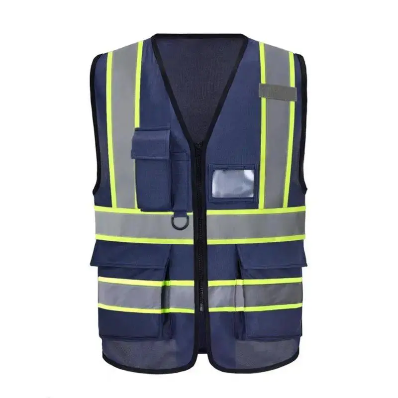 Unisex High‑Visibility Polyester Protective Safety Vest, Navy Blue Zippered Sturdy Design With Reflective Highlights And Multi‑Pockets, Bright Yellow Strips For Night Riding, Outdoor Work Activities