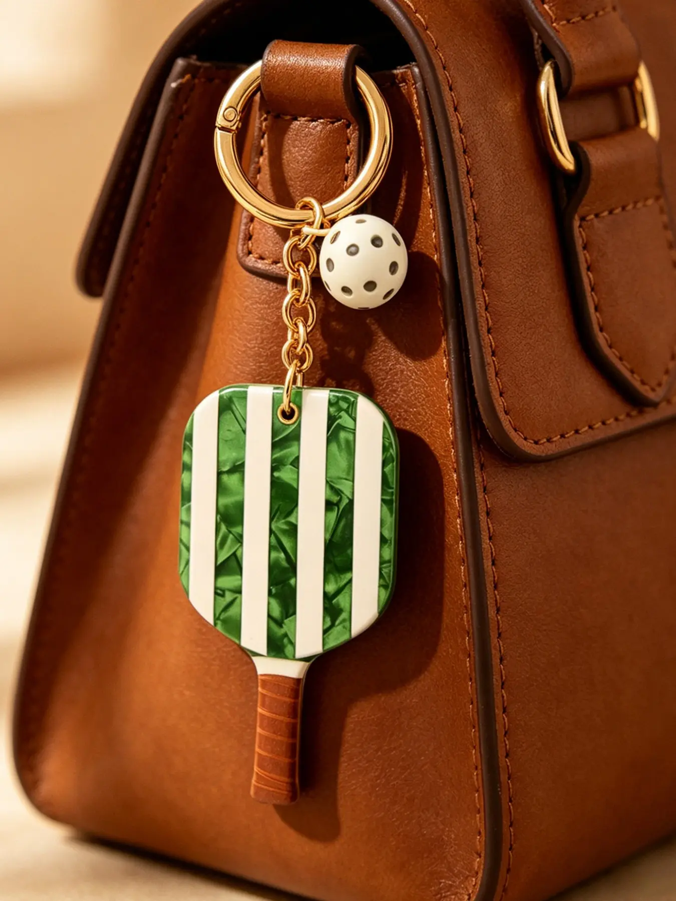 Retro Green Stripe Pickleball Paddle Key Chain Cute Sports Accessories For Backpack Handbag Hanging Ornament Gift