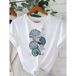 Women Harajuku Seashell Starfish Graphic T-Shirt, Casual Short Sleeve Summer Beach Tee Top