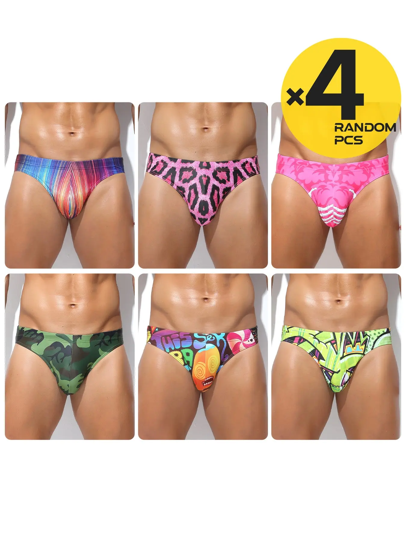 2/3/4 Pack Random Pattern Men Printed Swim Briefs, Cartoon Graffiti Low Rise Bikini Swim Trunks, Stretch Soft Comfortable Creative Swimwear for Beach Pool Spa Summer Casual Wear