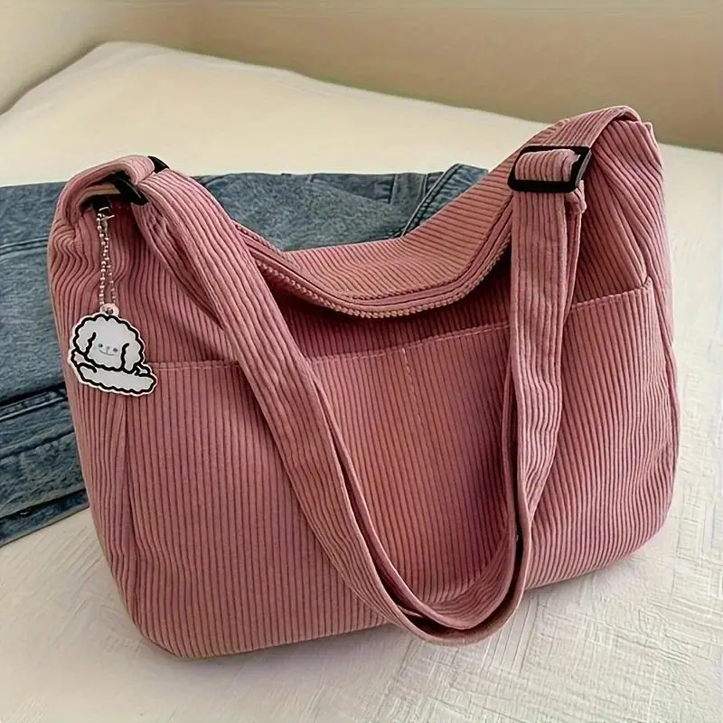 Women’s Cute Boho Striped Plaid Polyurethane-Nylon Mix Waterproof Corduroy Large Tote Bag - Soft Shoulder Bag with Secure Zipper Closure, Hat Patch, Lightweight Versatile for School & Everyday Use