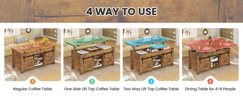 Sikaic 4 in 1 Multi-Function Lift Top Coffee Table with Storage and Hidden Compartment Brown