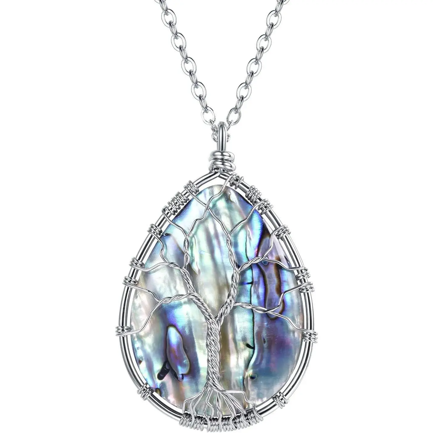 Tree of Life Abalone Pendant Necklace for Women, Handmade Craft Wire Wrapped Stainless Steel with Natural Shine, Long Costume Jewelry, Gift Boxed