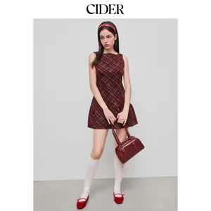 Cider Wool-look Boat Neck Plaid Ruffle Hem Mini Dress SummerFinds