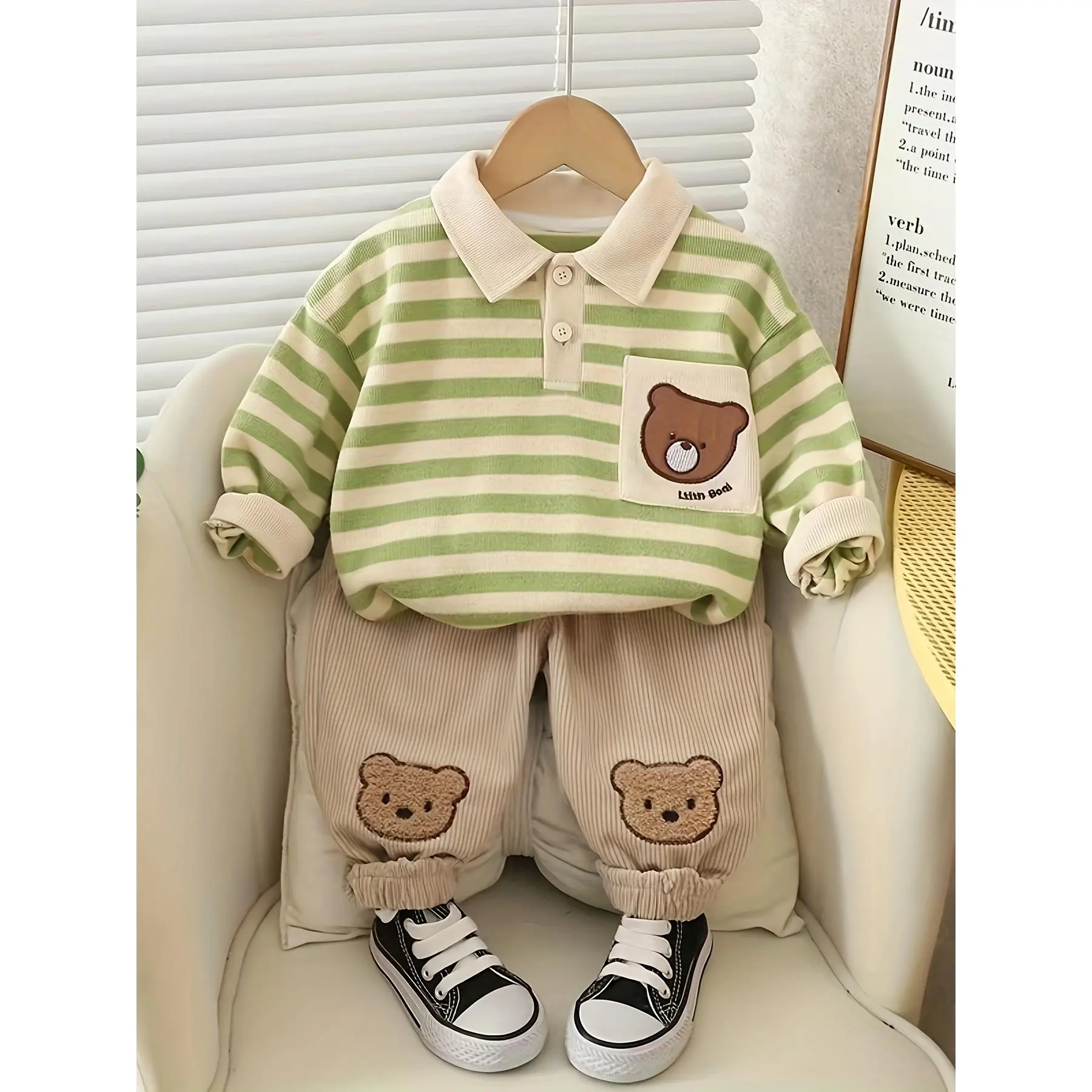 Boys 2Pcs Bear Striped Matching Outfit, Green Stripe Collar Polo Long Sleeve Top Pocket Bear Embroidery Elastic Cuff Waffle Jogger Pants Kids Casual Spring Co-Ord Set # teddy bear # matching set # fall winter casual hoodie # casual summer clothing