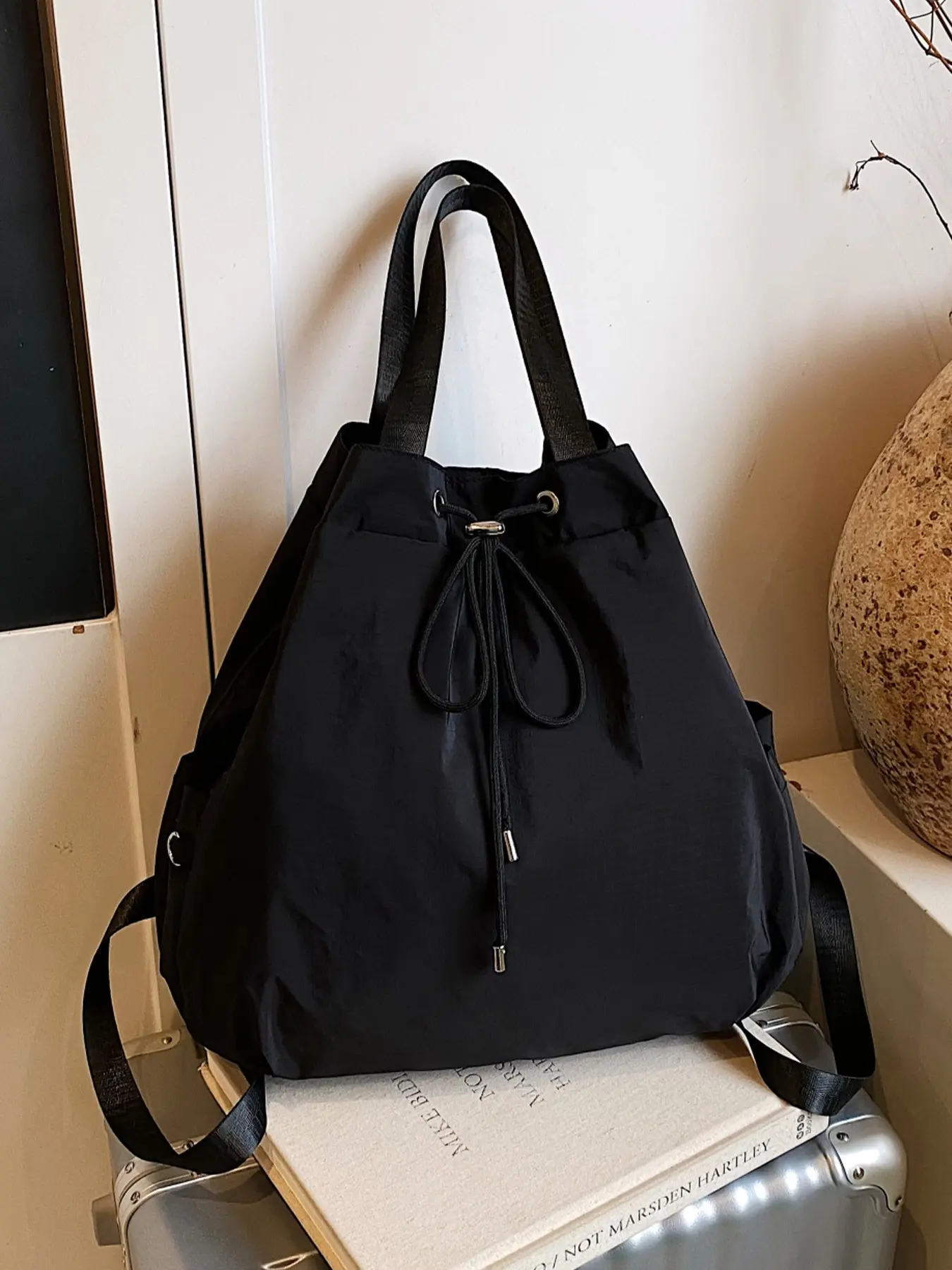 1pc Ladies' drawstring nylon backpack with a simple and lazy style, featuring a drawstring drawstring and a detachable widened shoulder strap, suitable for daily commuting, campus school, and short trips, Casual Backpack
