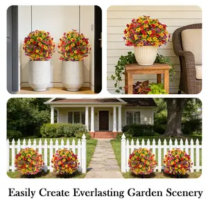 1 Pack 15" Artificial Topiary Ball Plants Trees with Flowers, Outdoor Fake Topiary Plants with Ground Spike, UV Resistant Faux Bushes for Indoor Outdoor Front Door Decor