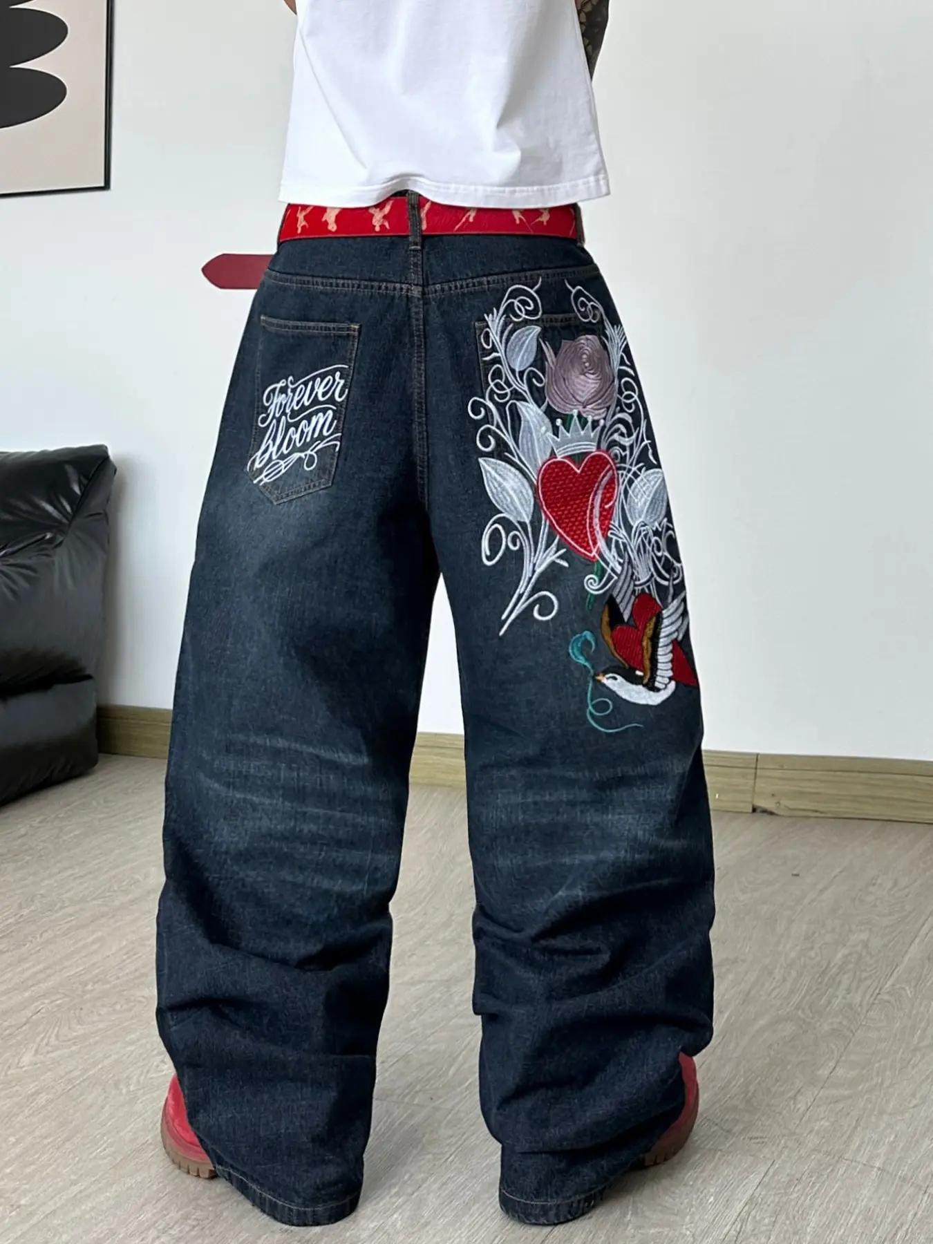 Men's Denim Jeans, Back Heart Rose Letter Embroidery Straight Leg Wide Leg Jeans, Y2K Street Hip Hop Fashion Blue Loose Long Pants