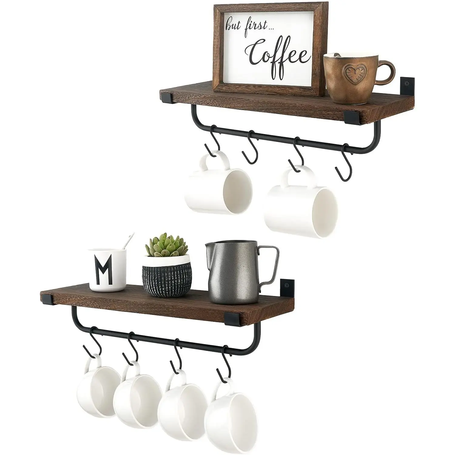 Mug Holder Wall Mounted Coffee Mug Rack Set of 2 Rustic Floating Shelf for Coffee Bar Accessories   Cup Hooks Hanger for Organizing Cooking Utensils,  Kitchen Decor, Brown