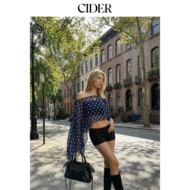 Cider Chiffon Polka Dot Boat Neck Cloak Sleeve Oversized Poncho Blouse & Bandeau