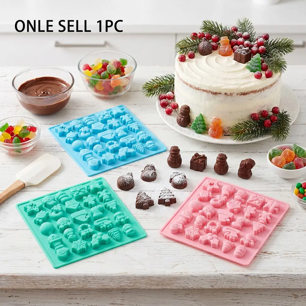 1pc 25-Cavity Christmas Chocolate Mold, Silicone Candy Molds, Molds For Baking, Holiday Cake Decorating Tool, Snowman, Santa Hat, Sock, Snowflake Shapes