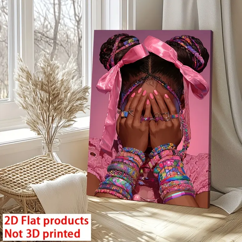 2D poster, featuring a girl with two large braided ponytails, tied in a giant pink bun, beautifully designed, with a wooden frame, suitable for rooms, home decor, walls, and holidays. Perfect for Valentine's Day decoration, ideal for Valentine's Day home