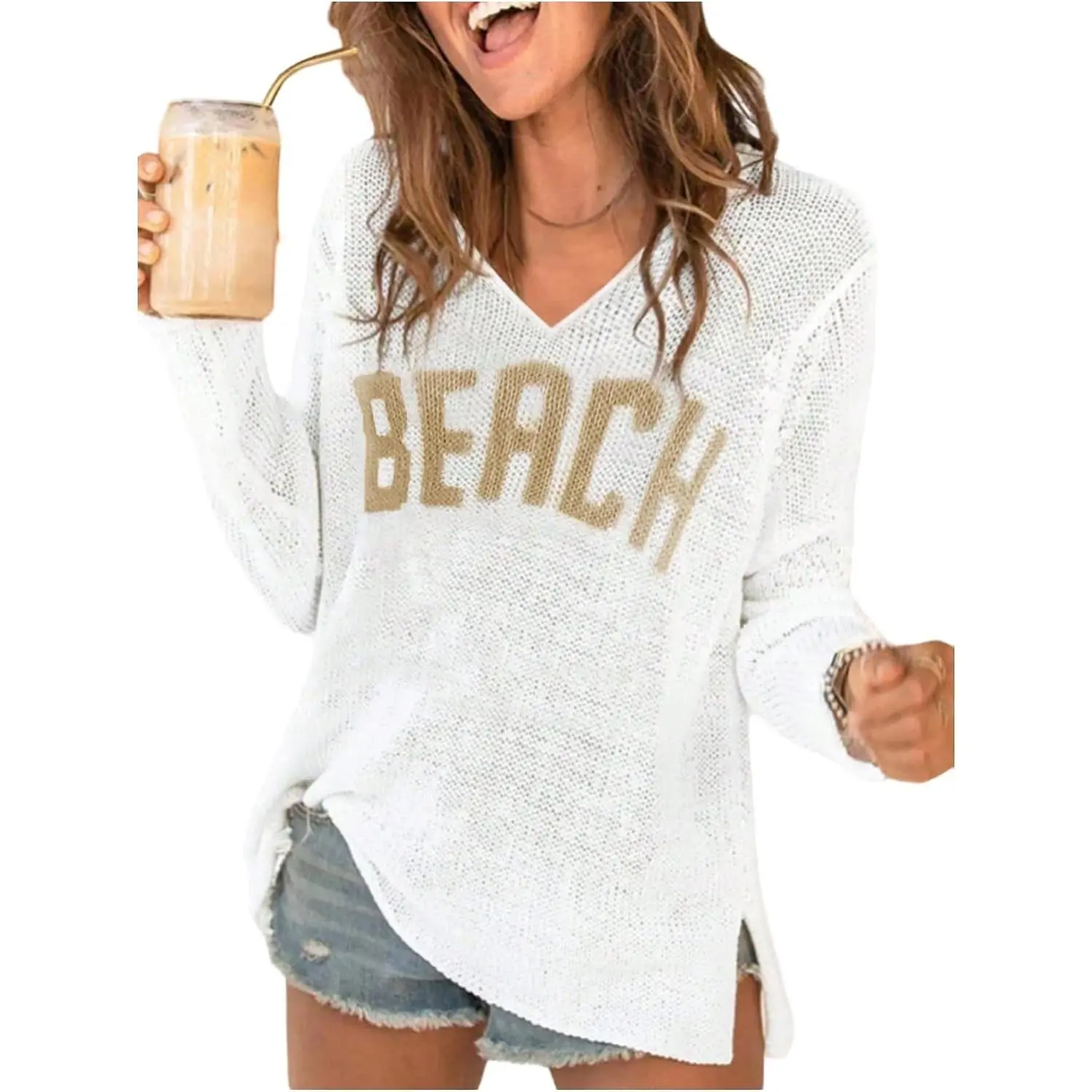 Women's Beach Cover Ups Letter Long Sleeve V Neck Beach Sweater Split Hem Knit Crochet Tops Pullovers Jumper Top