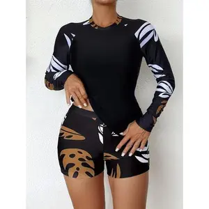 Tummy Control Long Sleeve Rash Guard for Women 2 Piece 2026 - Slimming Two Piece Bathing Suit, UPF 50+ Sun Protection Black Tropical Print Surf Swimsuit for Beach Pool Surfing