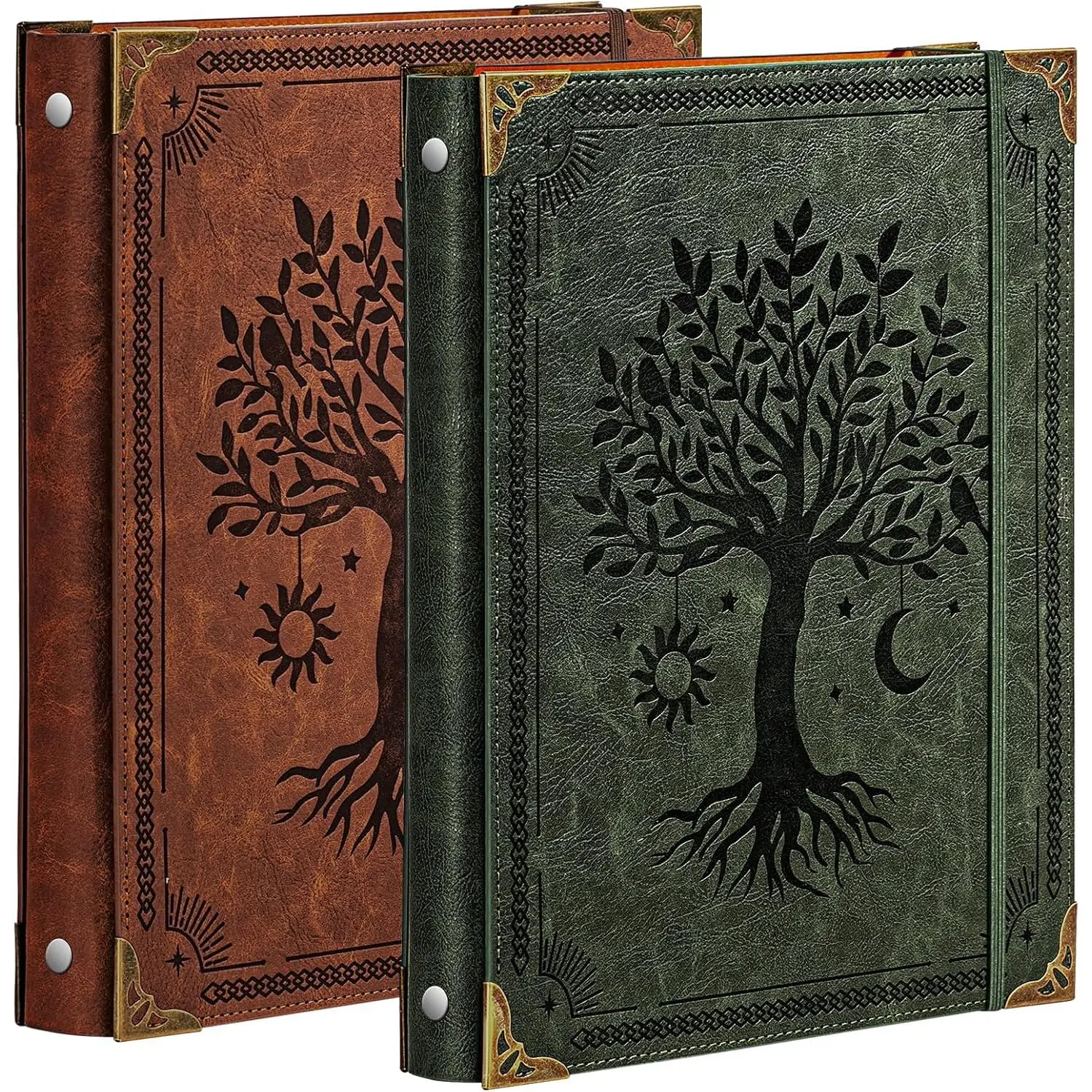 2 Pack Leather 3 Ring Binder Fits 8.5"x11" Letter Size Paper, 1 Inch Round Ring Binder Holds 200 Sheets, Notebook Cover Loose Leaf Organizer, Green and Brown