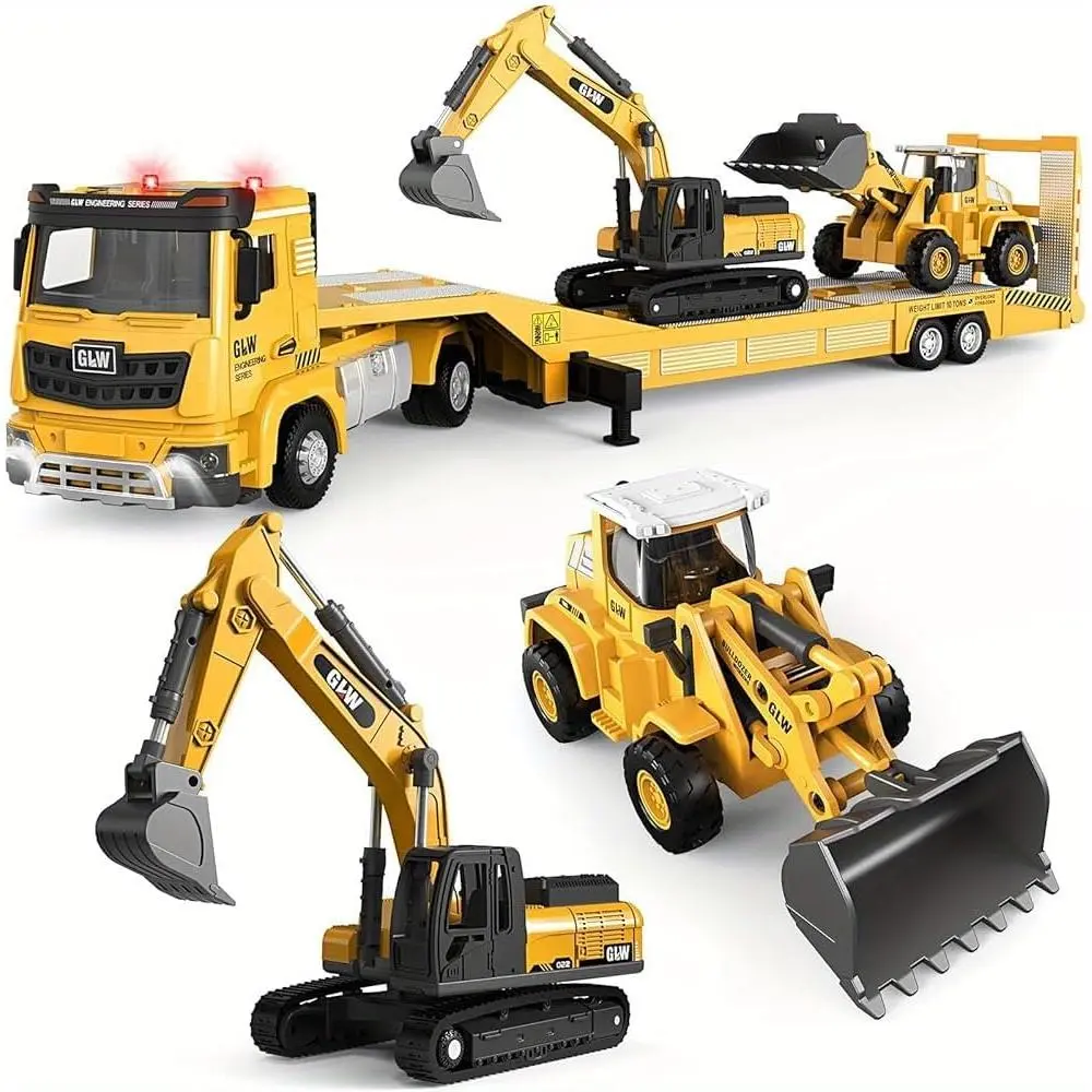 Die-Cast Construction Vehicles Toys Set w/Semi Truck, Excavator & Bulldozer - Real Lights & Sounds, Movable Parts - Learning Toys Gift for 3-7 Year Old Boys Girls