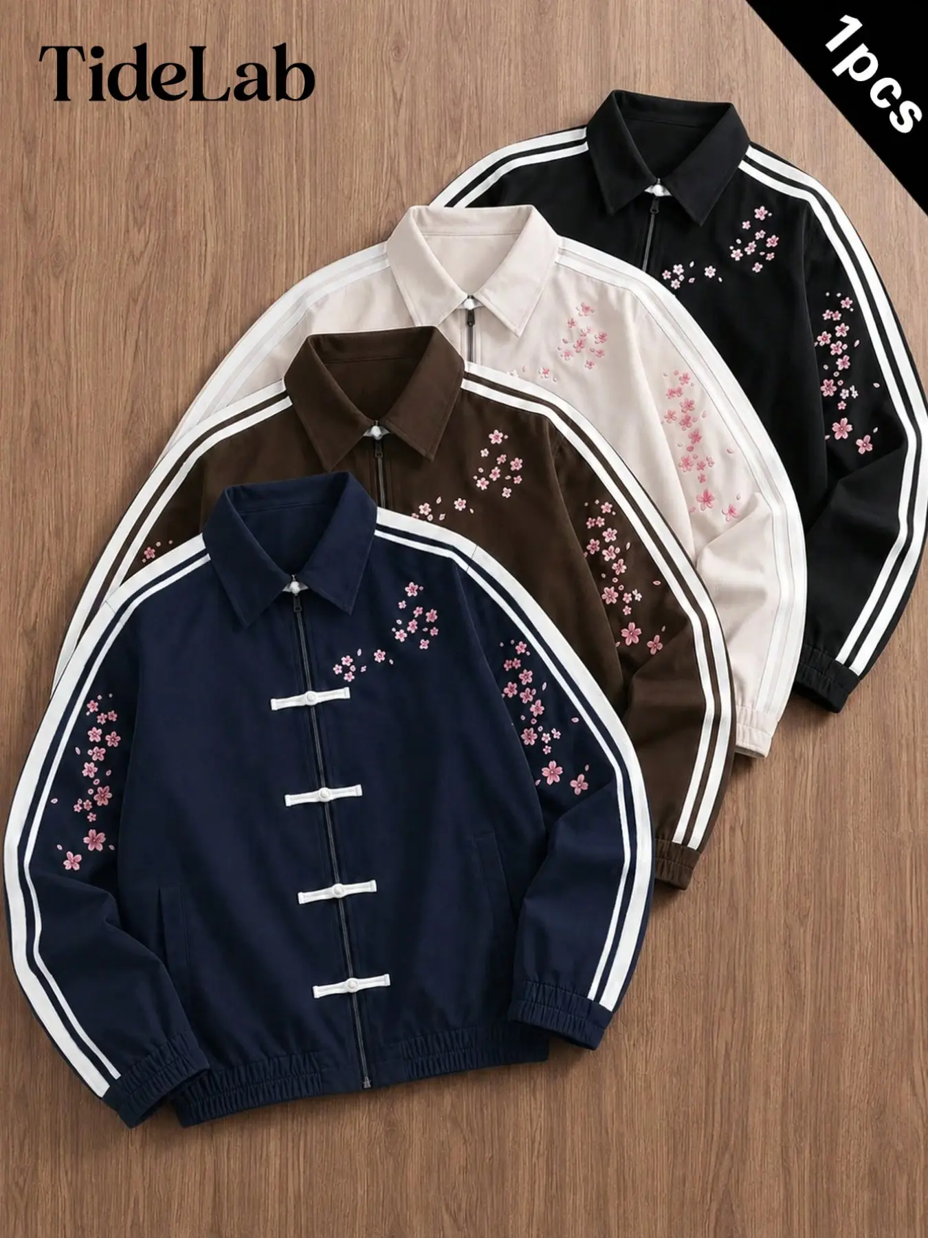 Unisex New Traditional Mandarin Button Jacket, Cherry Blossom Embroidery Colorblock Stripes Turn-Down Collar Coat, Casual Streetwear Commute