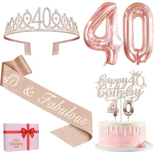 40th Birthday Decorations for Women, Include 40th Birthday Sash, Crown, Cake Topper, Candles and Number Balloons, Ideal 40 Year Old Birthday Gifts for Women