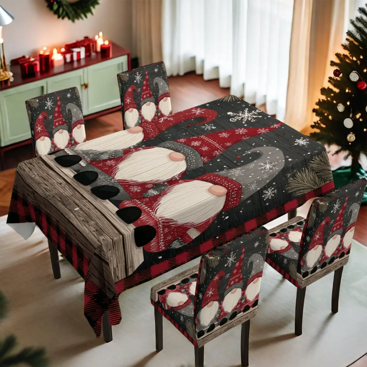 Winter Christmas Elf 2D Print Elastic Tablecloth Chair Covers Set, 4/5/6/7 Pieces, Home Decor, Washable, Festive Dining Setup
