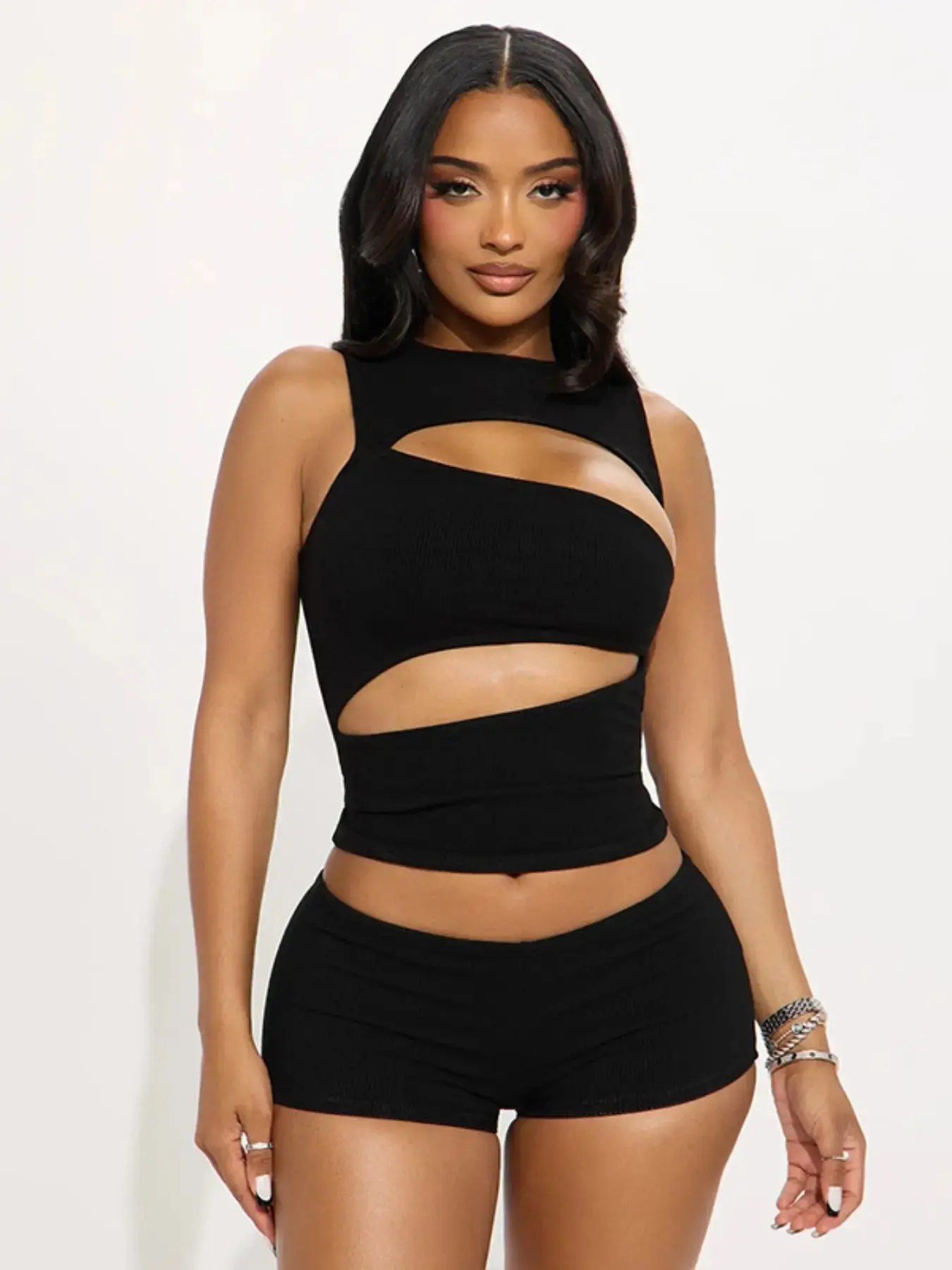 Women's Solid Color Sleeveless Waist-Cinching Top & Slim Fit Shorts Set, Chic Stylish Hollow Out Design, Perfect for Outings and Dates, Womenswear