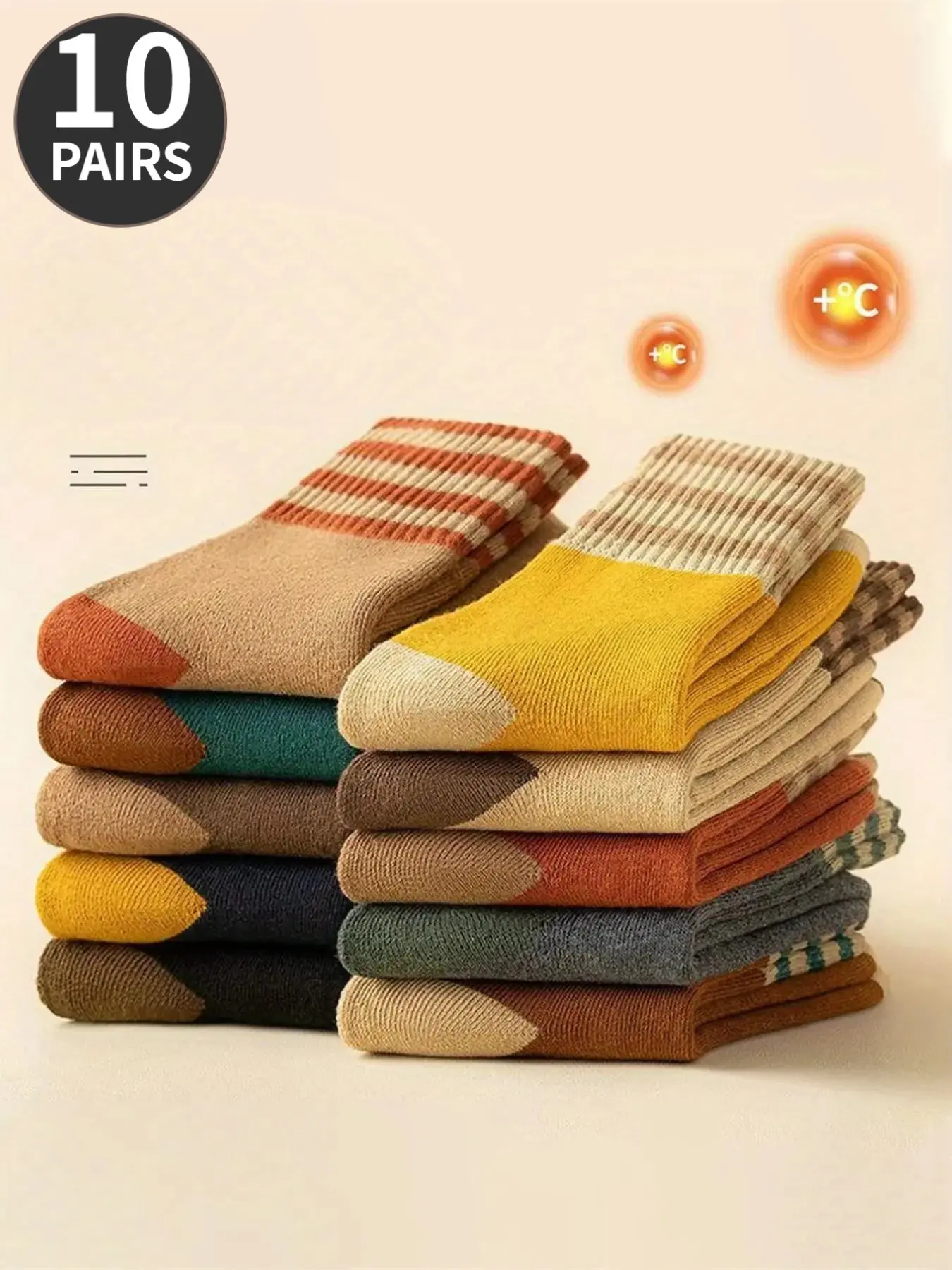10-Pair Pack of Thickened Terry-Loop Warm Color-Blocked Mid-Calf Socks, Knee-High Socks, Casual Socks, Retro Multi-Color Patchwork—A Fall/Winter Must-Have, Versatile Socks for Home and Sports, Thermal Crew Socks