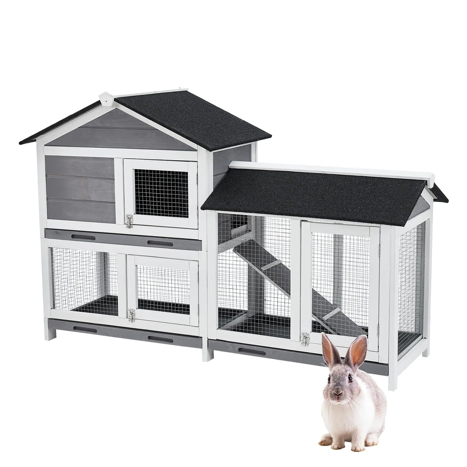 GARVEE 62 in Wooden 2-Floor Waterproof Roof Bunny Hutch - Indoor/Outdoor Rabbit Cage with Stairs, Cleaning Tray for Small-Medium Animals (PET537)