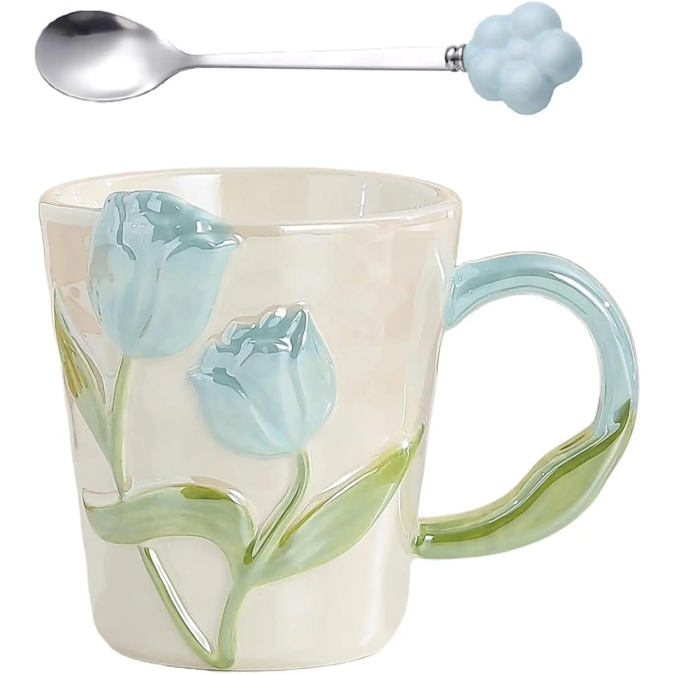 Floral Ceramic Coffee Mug 11.8 Oz Espresso Cup, Cute Flower  Cup with Handle for Women, Girly Mug  for Christmas Birthday,  Office Drinkware, Blue