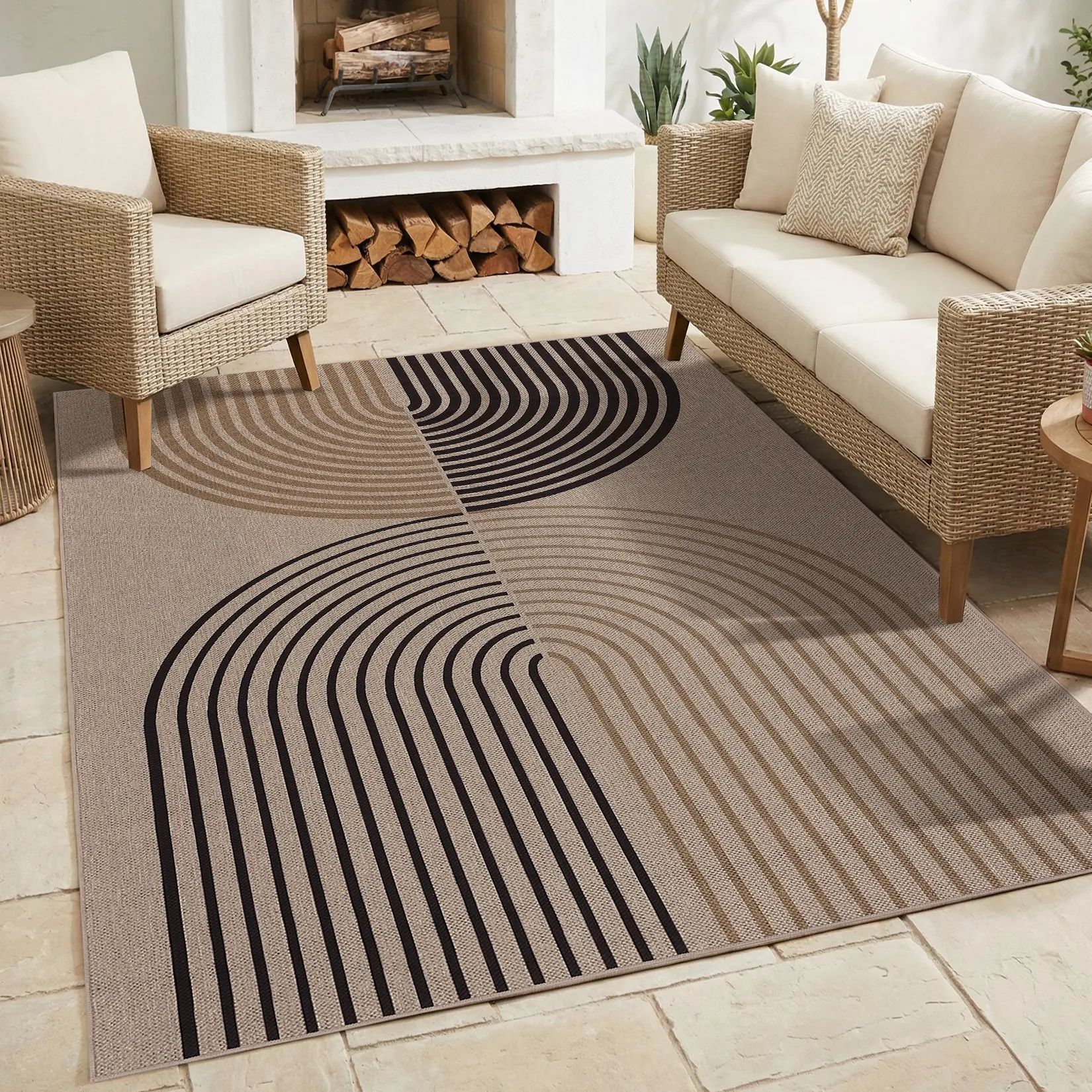 Washable Easy Jute Indoor Outdoor Rugs for Patio Deck Porch, Contemporary Minimalist Arch Striped Rug, Symmetrical Abstract Geometric Stain Resistant Indoor Outdoor Decor Carpet for Living Room Bedroom