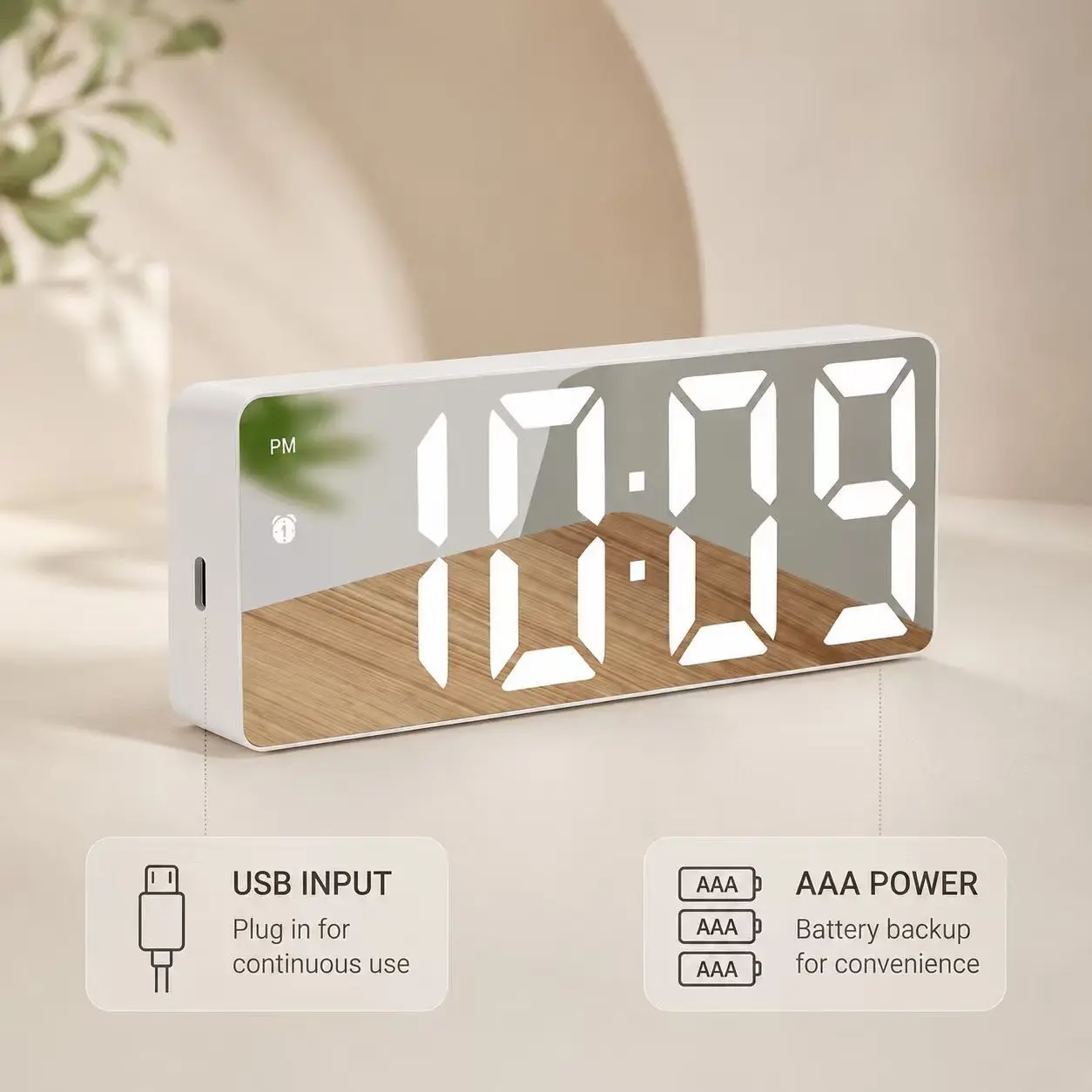 LED Digital Alarm Clock for Bedroom, Mirror Surface, Adjustable Brightness, Snooze, Voice Control, 12/24H Display for Kids and Office