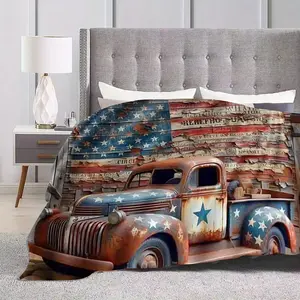 1pc 1pcs Patriotic Vintage Truck & American Flag Throw Blanket • Soft Warm Plush Bedspread • Suitable for Home Decor, Birthdays, Christmas Gifts • Rustic Truck Bedspread • Cozy Bedspread for Truck-Themed