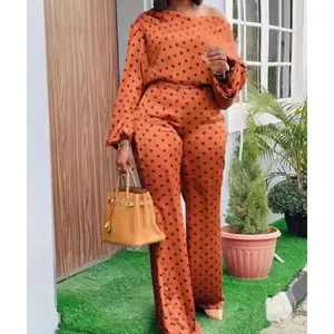 workout sets women Two Piece Sets Womens Outifits New Wave Dot Printed Long Sleeved Skew Collar Top & Fashion Loose Pants Casual Suits 2025 Spring Clothes Womenswear Girl Trouser Gamis A_Orange Red Coordset Can be used with a raincoat