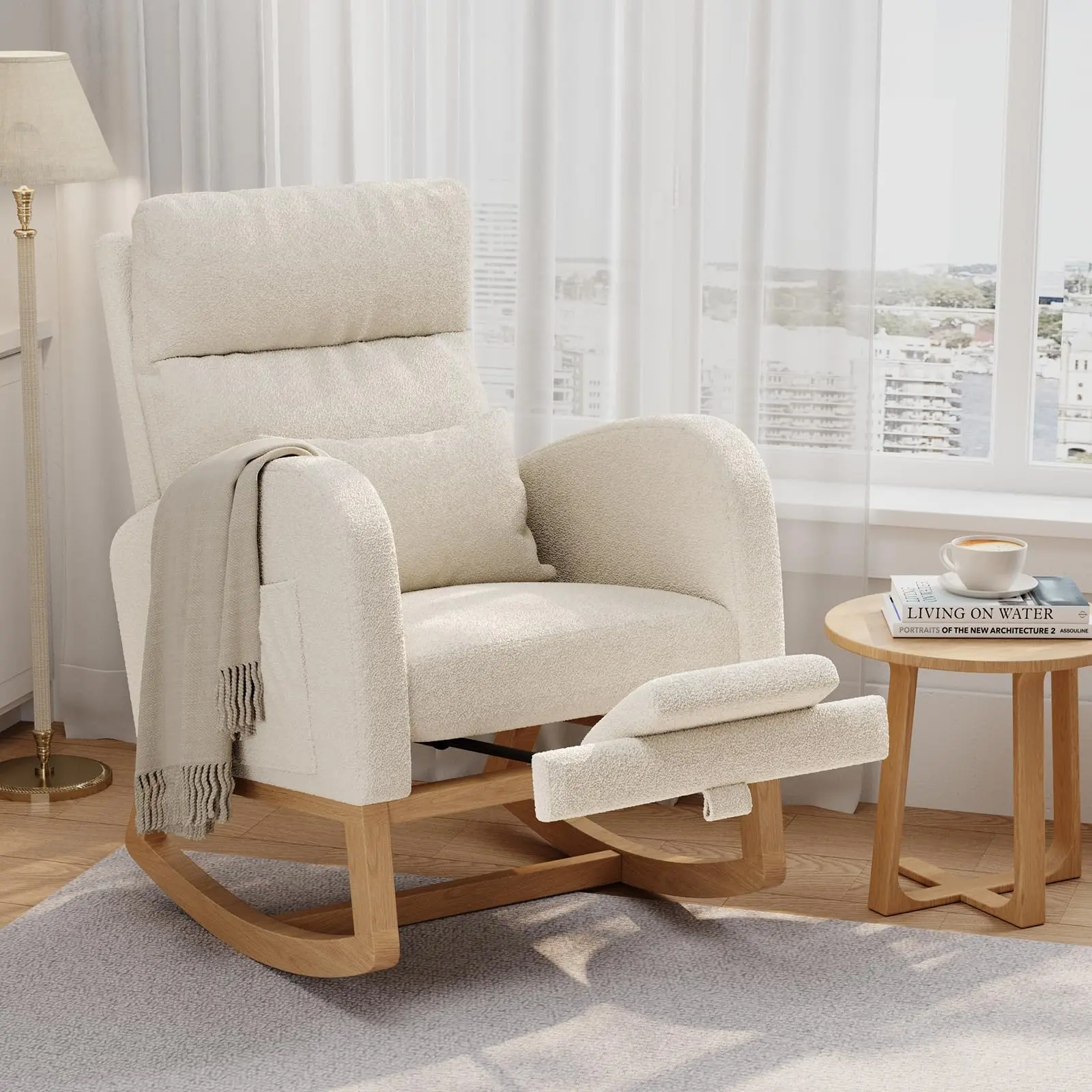 Modern Nursery Rocking Chair, Teddy Fleece Glider Rocker with Side Pocket & Wooden Legs, Rocking Accent Armchair for Living Room