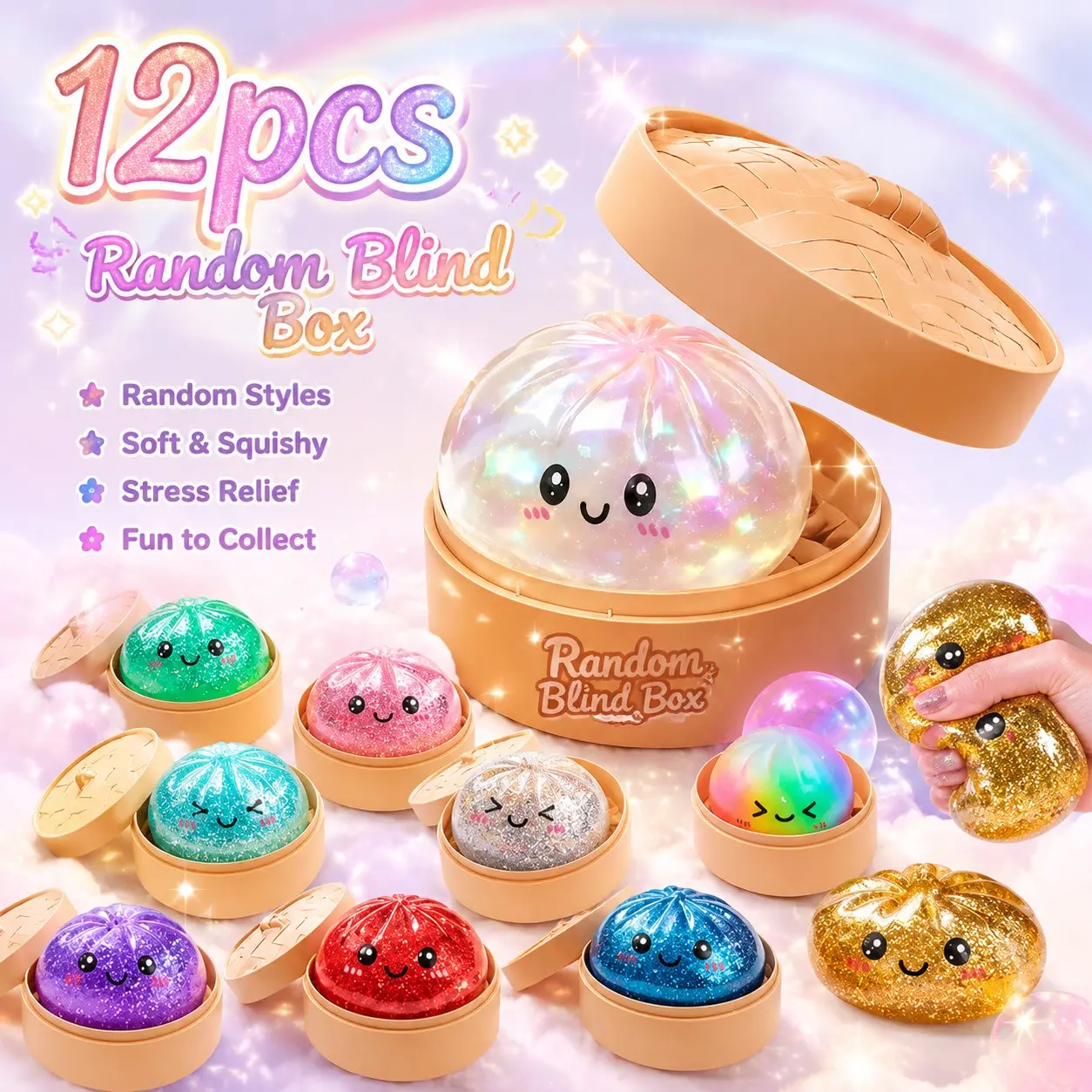 Limited Rare Mystery Blind Box with Sparkly Dumpling Baozi Squishies, Slow Rebound Squeeze Fidget Gadget Relieves Tension, Holiday Exchange Souvenir, Minimalist Table Calming Decor, ASMR Sensory Toy, Portable ADHD Anxiety Relief Collectible Trinket