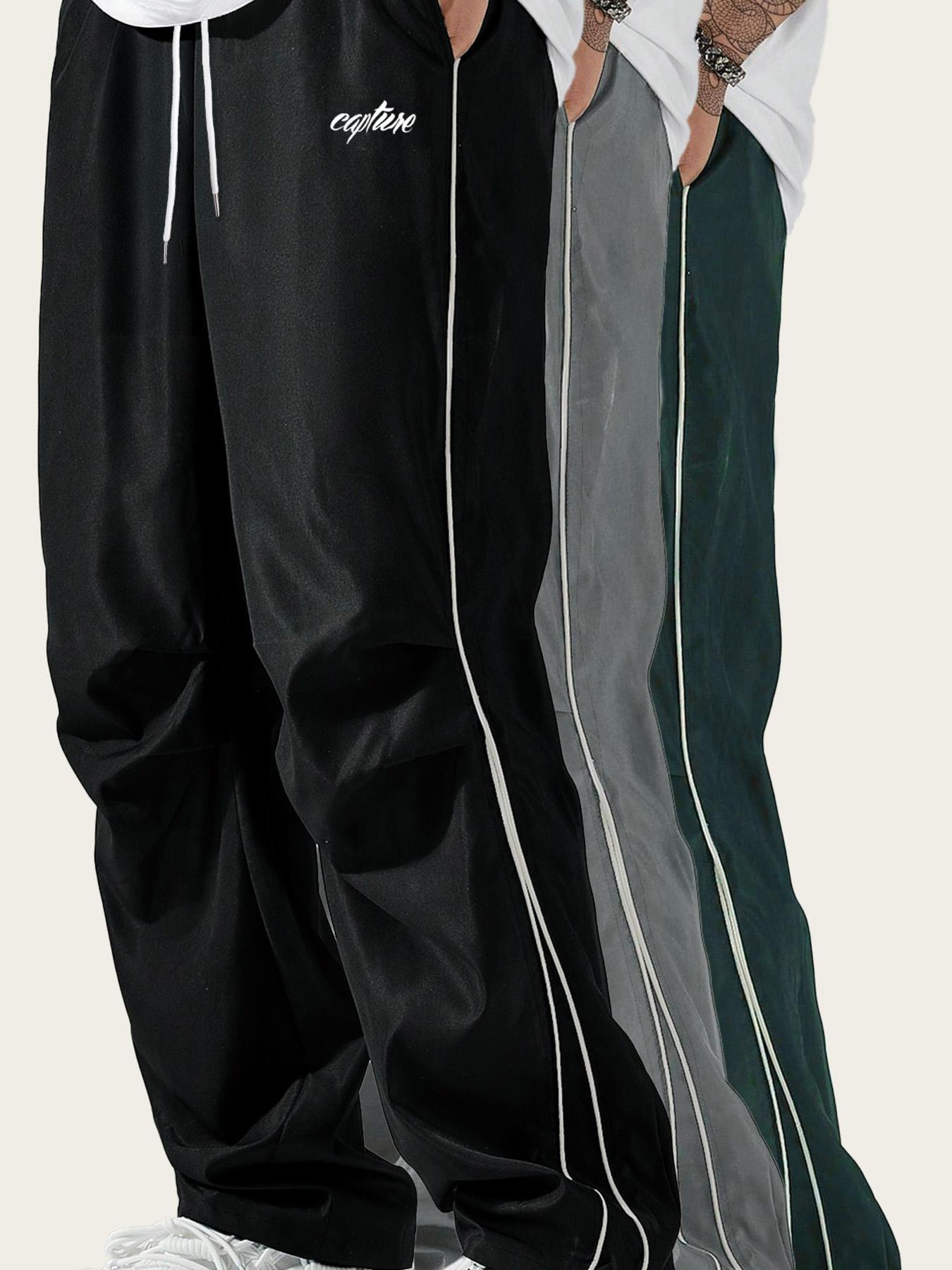 Men's Letter Print Drawstring Waist Athletic Pants, Casual Comfy Contrast Binding Pocket Straight Leg Trousers for Daily Wear, Unisex Workout Bottoms for All Seasons