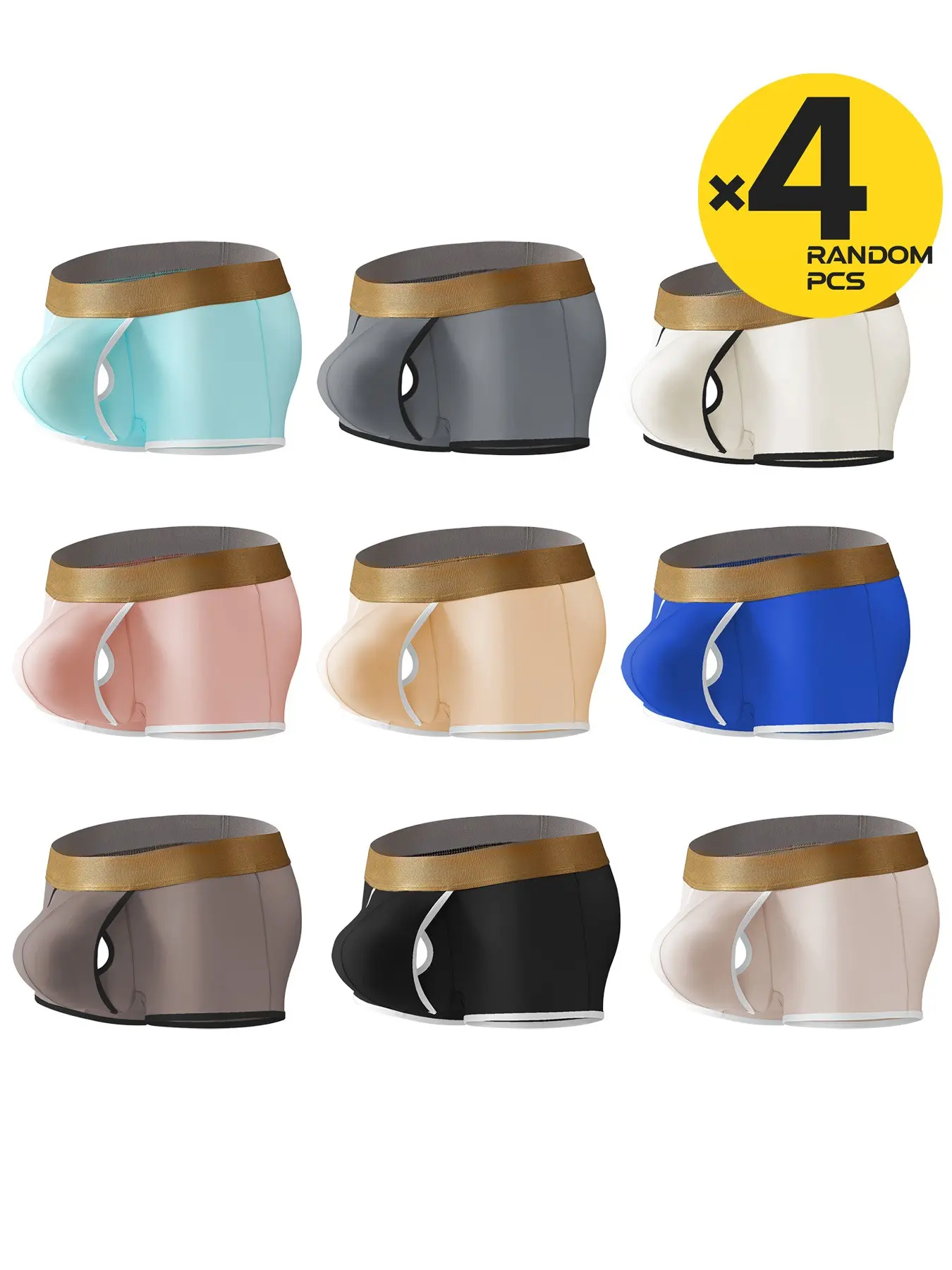 2/3/4 Packs Random Multi Color Ice Silk Men Boxer Briefs Open Hole U Convex Pouch Thin Cooling Breathable Elastic Gold Waistband Daily Summer Male Underwear