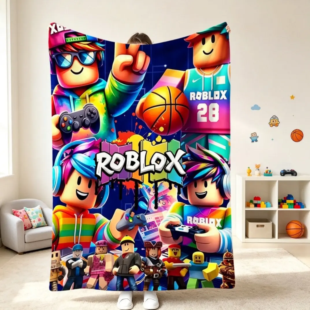 Roblox Block Man Flannel Blanket, Premium Thick Plush Material Ultra Soft Cozy Throw Blanket, All Season Comfort for Home Office Travel Camping Room Decor, Durable Construction Machine Washable Easy Care Warm Nap Blanket for Adults Kids