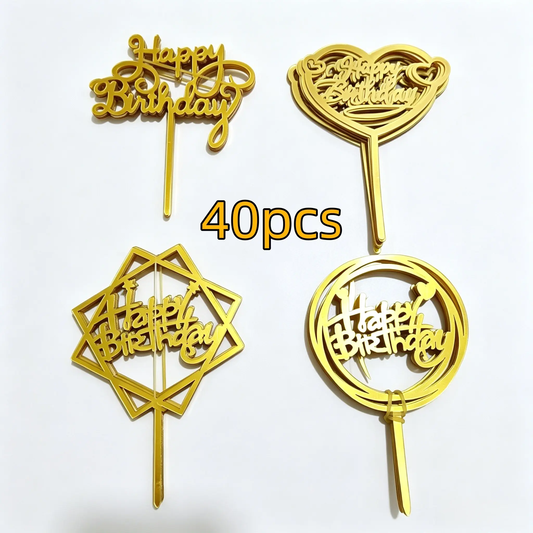 Happy Birthday Cake Topper, 40pcs/set Glitter Cake Decoration, Creative Baking Supplies for Birthday Party, Party Decoration Supplies, Glitter Decorations, Cake Decorating Supplies