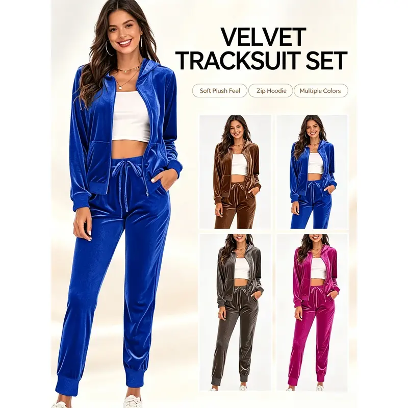 Women 2026 Spring Autumn Velvet 2 Piece Outfit, Long Sleeve Hooded Zip Up Jacket & Pants Tracksuit, Soft Casual Velour Matching Set, Fashion Relax Fit Suit for Daily Street Travel Outfit,Pink,elegant,cute,summer