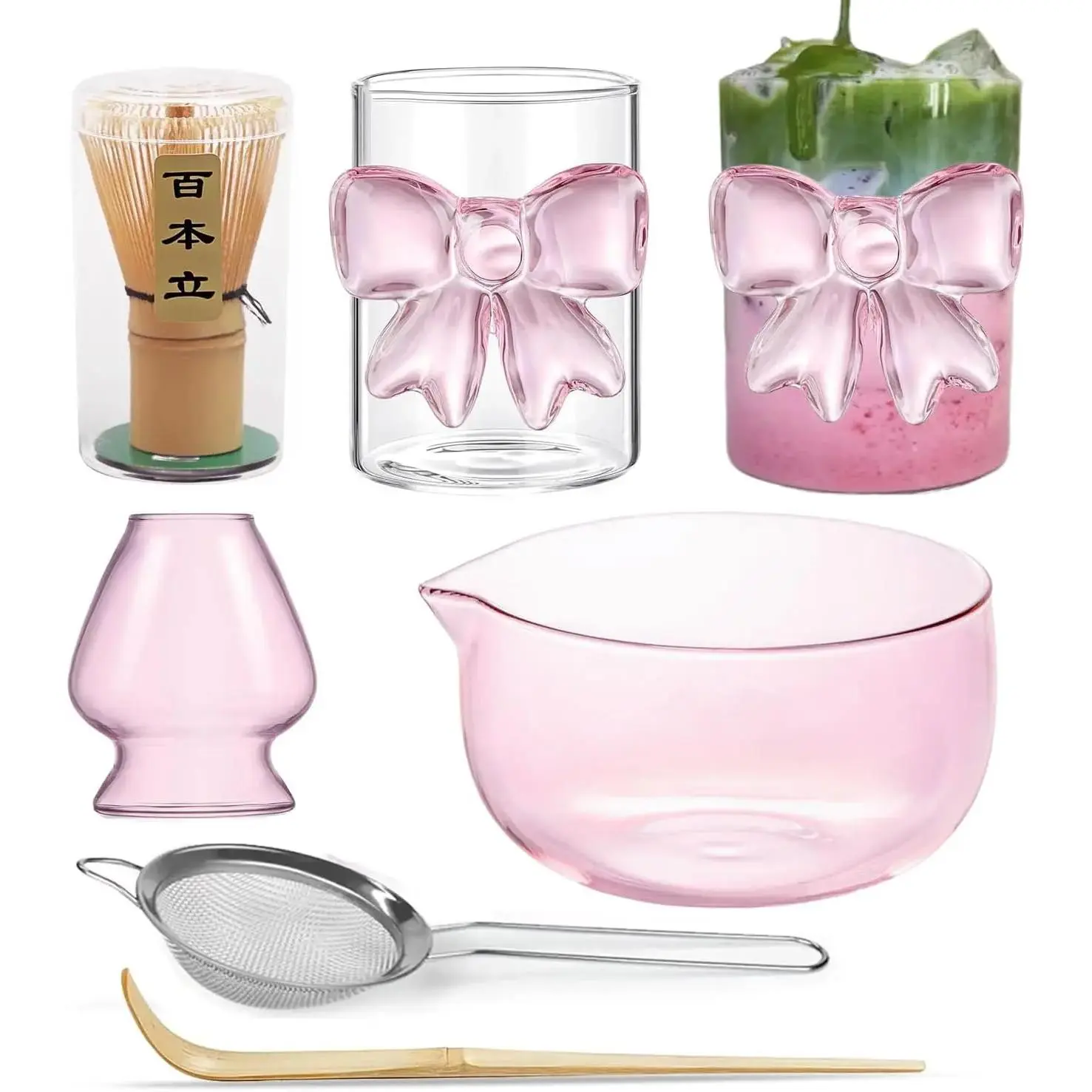 Matcha Set Whisk, matcha Bowl with Spout,Glass Bow Matcha Cup for Iced Coffee Matcha Latte,Sifter, Whisk Holder,Scoop 6 count Cute Matcha Kit   Set Ceremonial Gifts