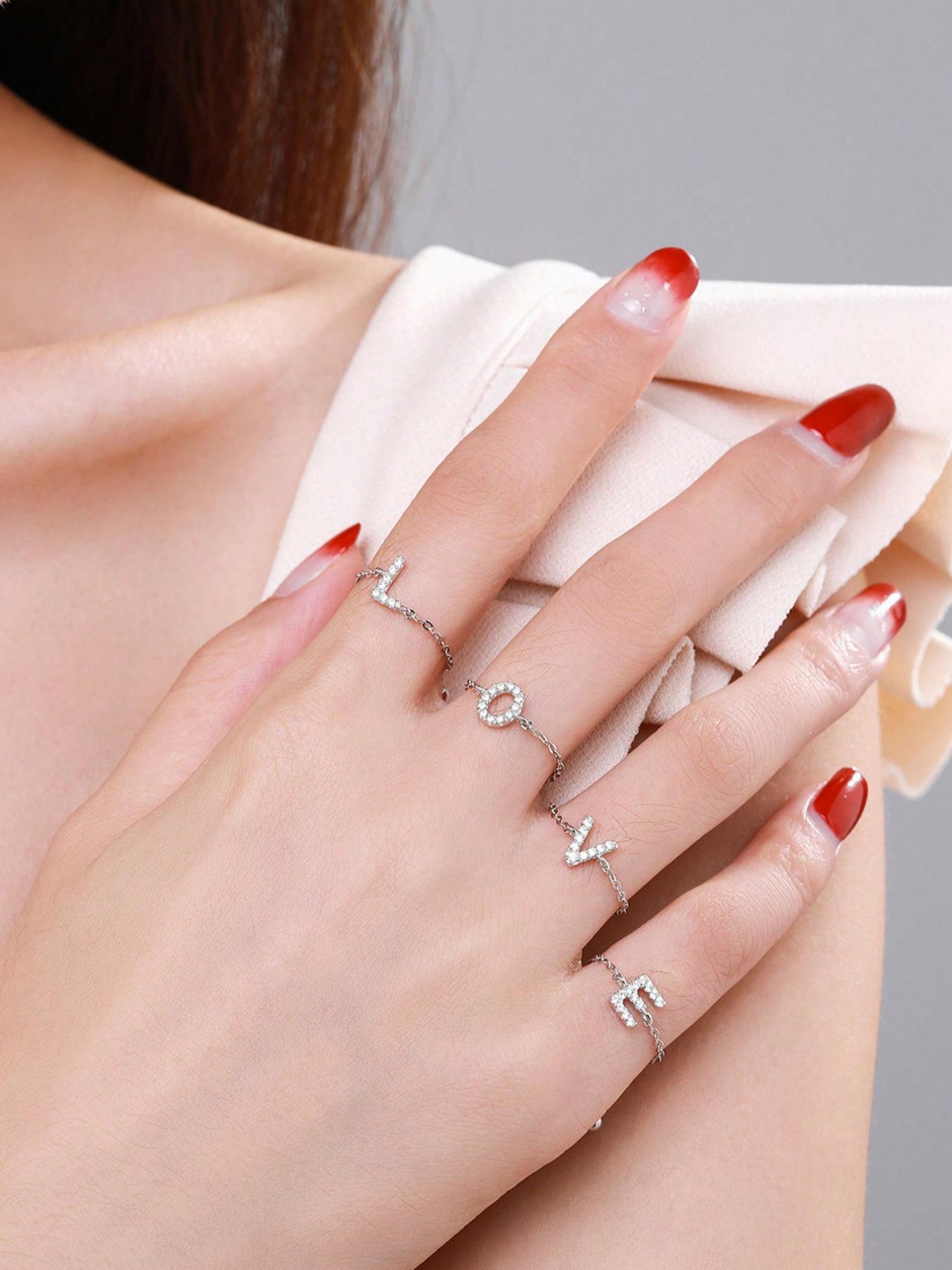 S925 Sterling Silver Initials Designed Artificial Zircon Decor Adjustable Chain Ring, Alphabet Design Ring, Personalized Daily Wear Ring, Fine Jewelry for Dating, Party, Wedding, Engagement, Anniversary Gift, Adjustable Rings