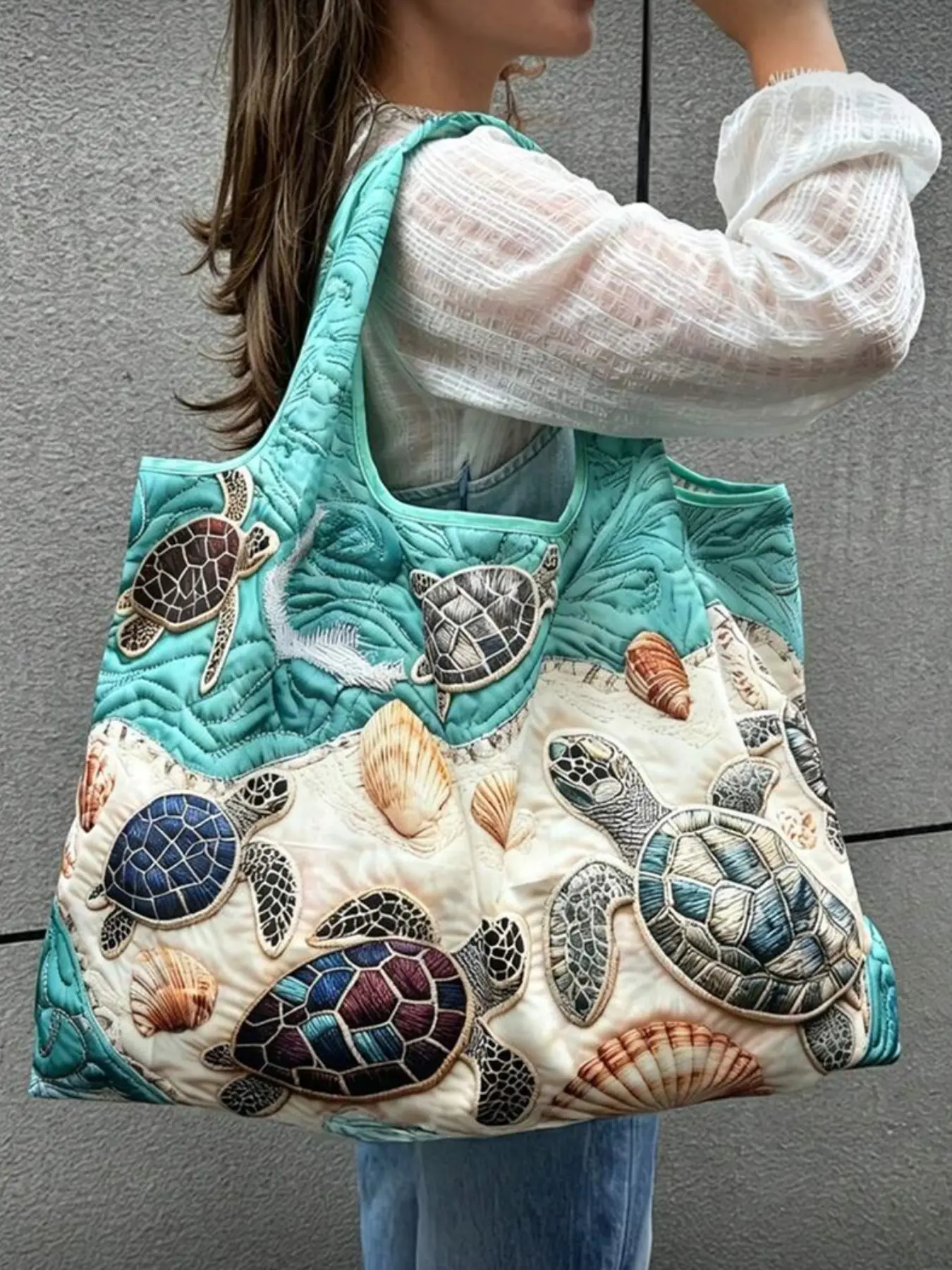 2D Turtle Starfish Beach Tote Bag Large Capacity Foldable Shopping Bag for Women Summer Picnic Travel Office Storage