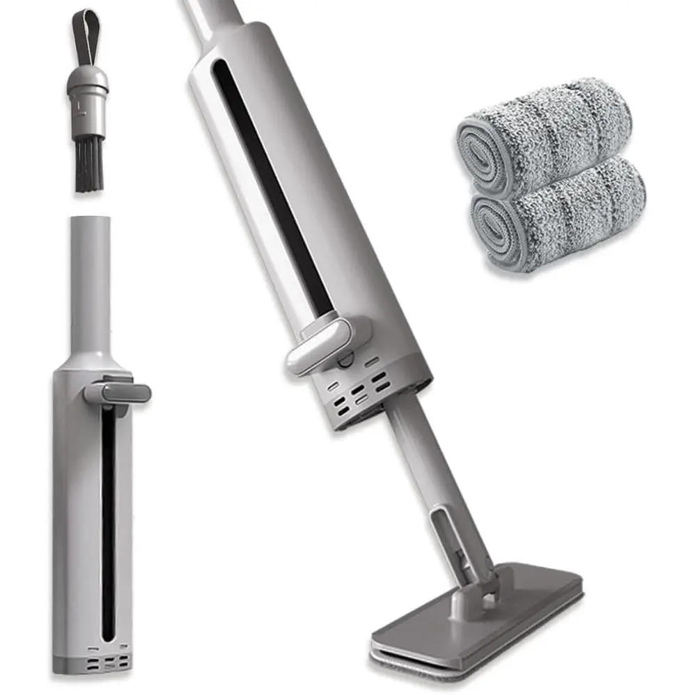 Portable Self-Squeeze Short Mop, Mini Lazy Hand Wash-Free Strong Absorbent Mop, Wet and Dry Use, Floor Cleaning System for Bathroom Kitchens Tableware Desktop Glass (Grey mop+ 2 Pads), Gray