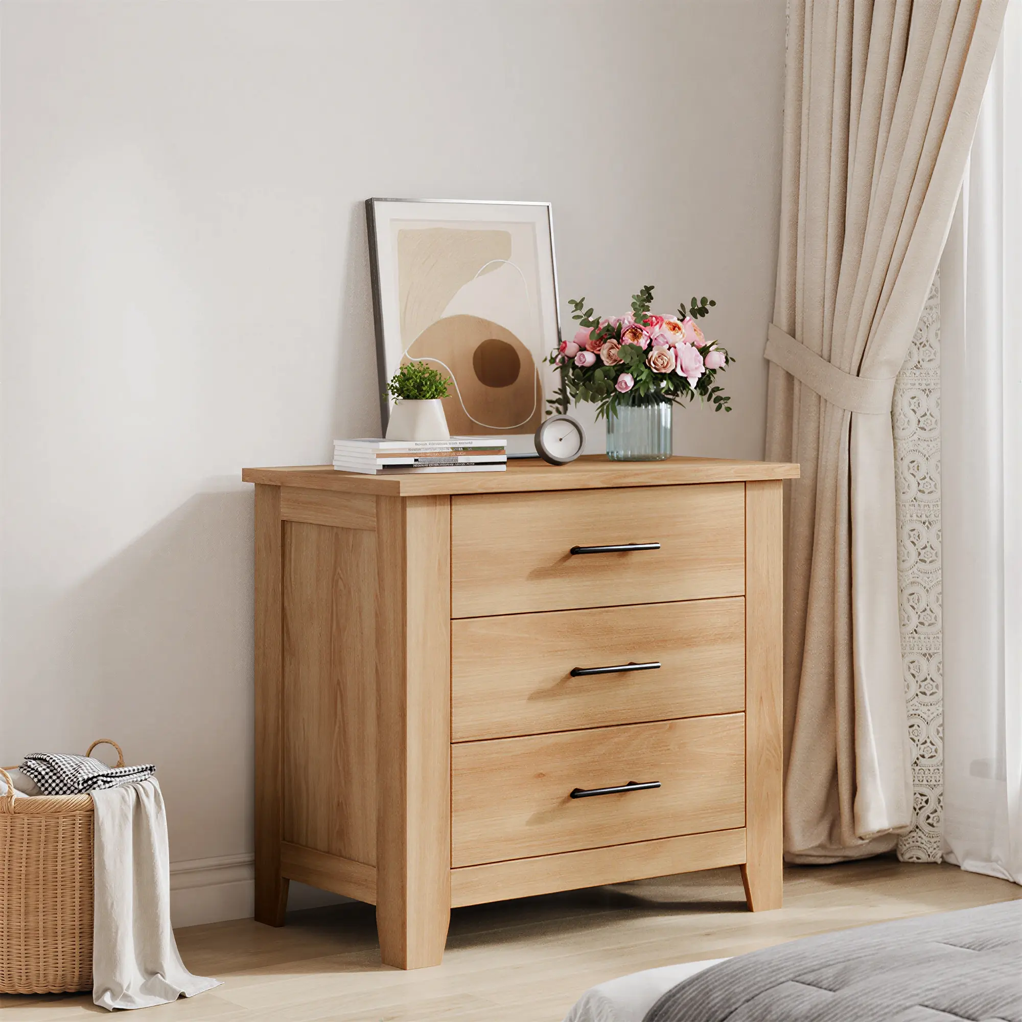Compact 3‑Drawer Chest of Drawers, Wooden Storage Dresser with Anti‑Tip Hardware, Sturdy J3‑Design Legs, for Bedroom Kids Room Hallway Home Office