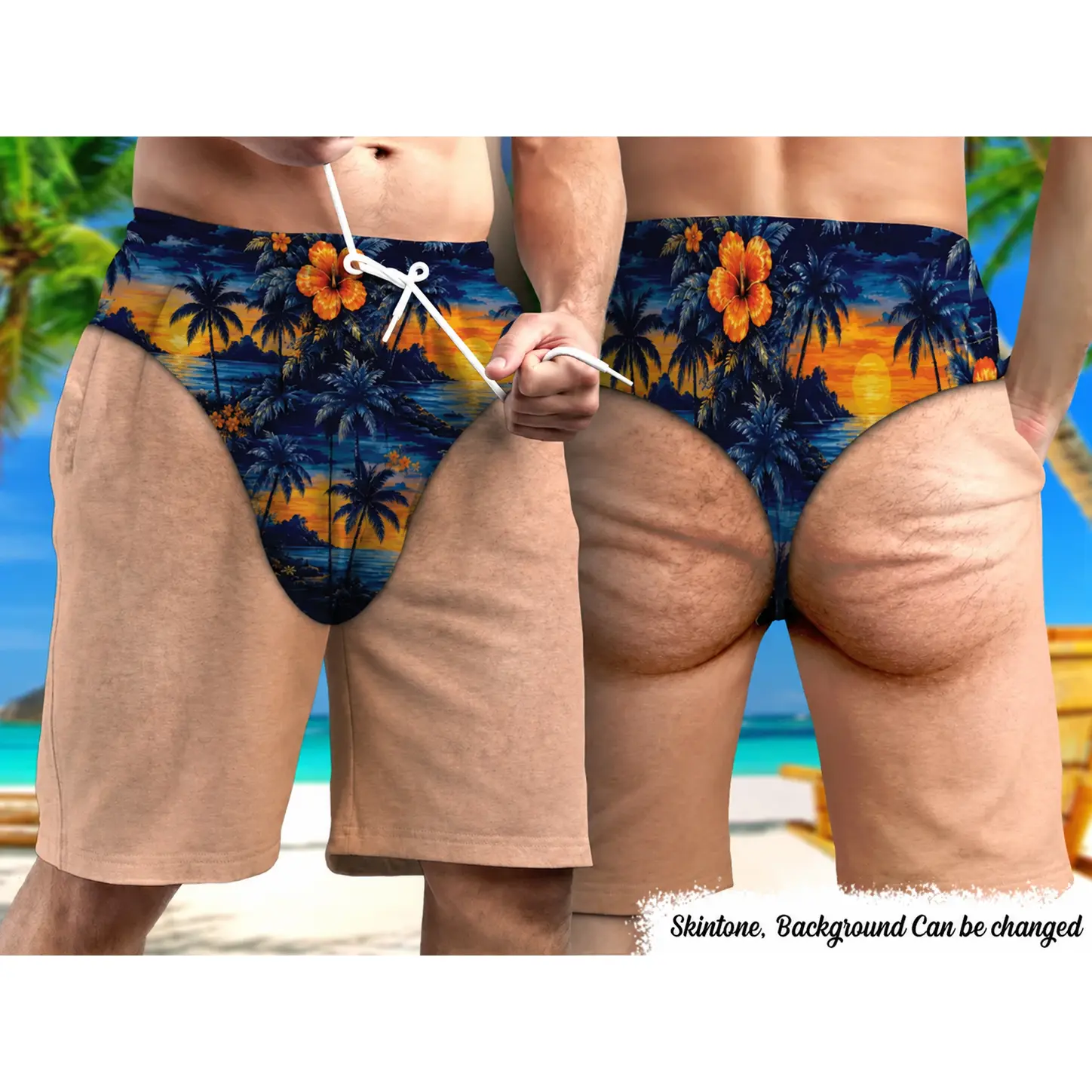 Novelty Hawaiian Patterns Funny Men Swim Trunks - Personalized Skintone Summer Vacation And Travel Gifts For Men, Funny Hawaiian Swimsuit, Vacation Gift